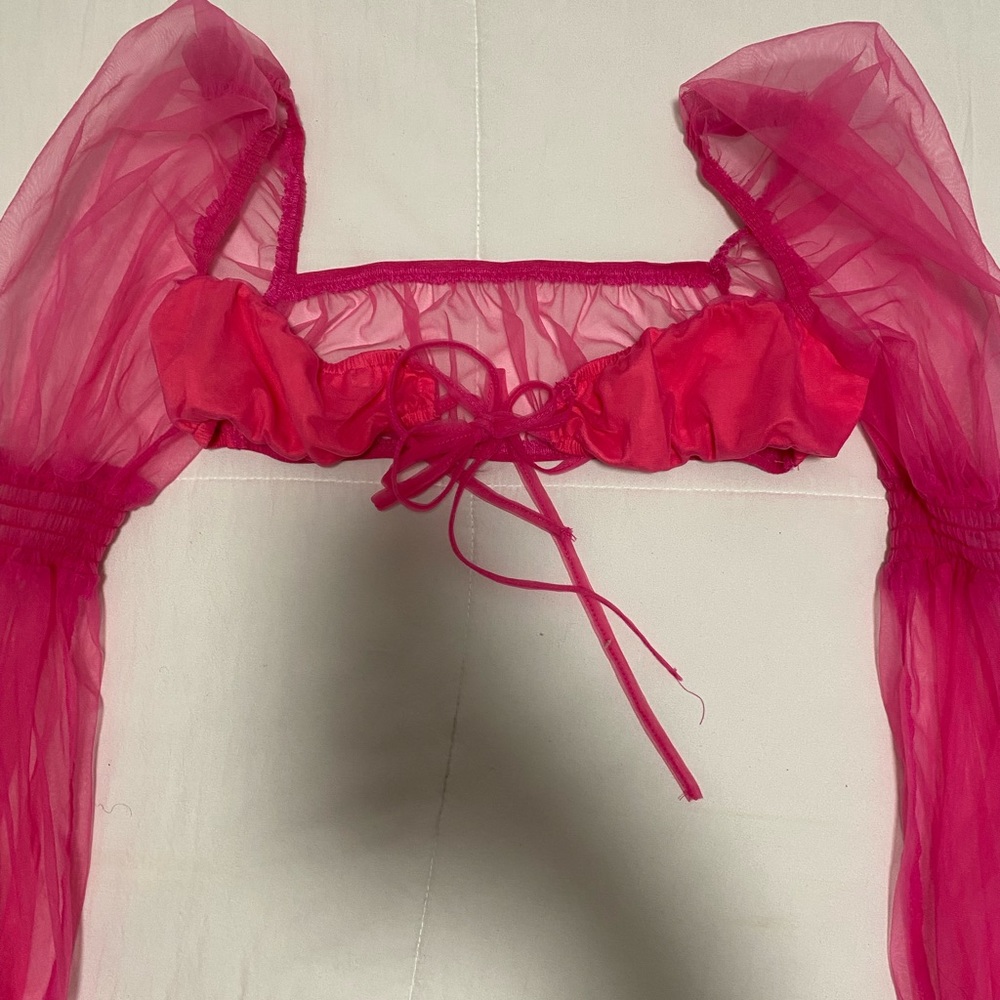 Hot pink sheer sleeve crop top